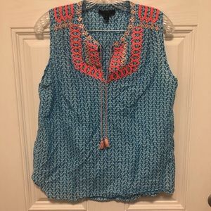 Jcrew printed embroidered sleeveless tassel top